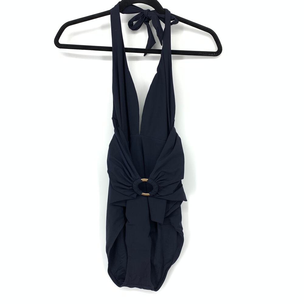 JETS Australia Halter Neck One Piece Swimsuit Womens US Sz 8 Ruched Belt Navy